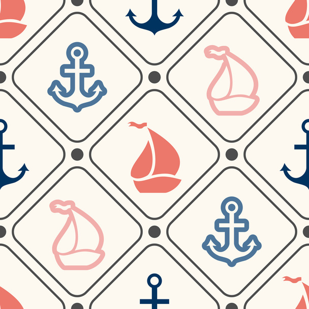 Seamless vector pattern of anchor, sailboat shape in frame - Wektor, obraz
