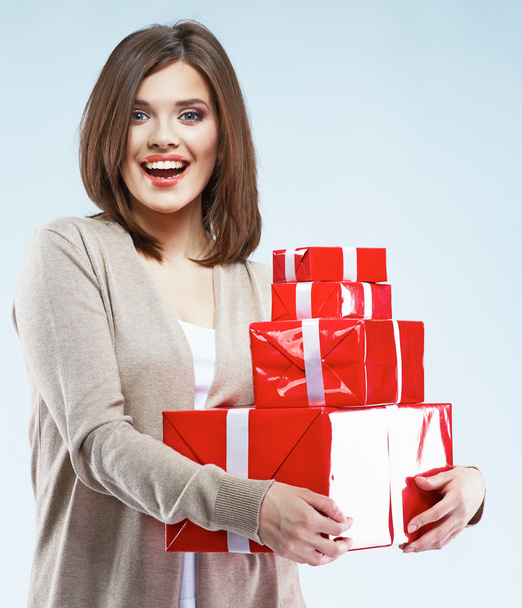 Woman hold red gift boxes - Φωτογραφία, εικόνα
