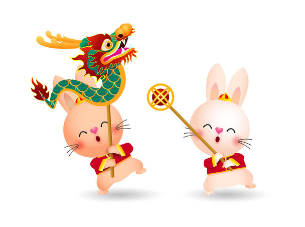 Happy Chinese new year 2023 year of the rabbit, cute Little bunny performs dragon Dance, gong xi fa cai, greeting card zodiac Cartoon vector illustration isolated on white background. - Vector, Image