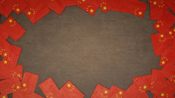 Telaio realizzato con bandiere di carta della Cina disposti su tavolo di legno. Concetto di celebrazione nazionale. Illustrazione 3D - Foto, immagini