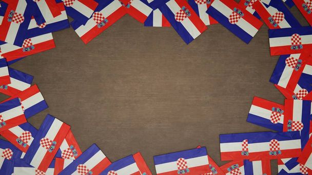Frame made of paper flags of Croatia arranged on wooden table. National celebration concept. 3D illustration - Photo, Image