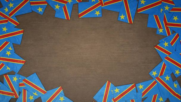Cadre fait de drapeaux en papier de la République démocratique du Congo disposés sur une table en bois. Concept de célébration nationale. Illustration 3D - Photo, image