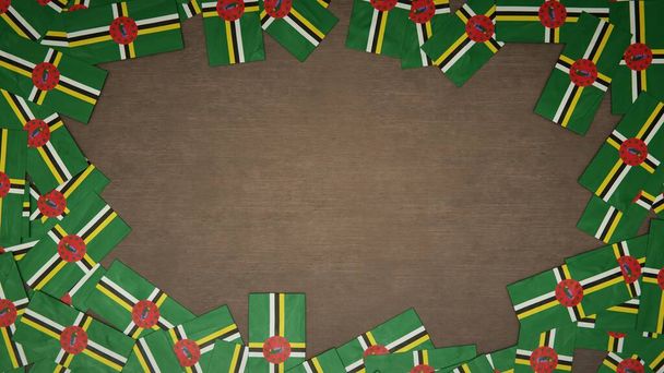 Cadre fait de drapeaux en papier de Dominique disposés sur une table en bois. Concept de célébration nationale. Illustration 3D - Photo, image