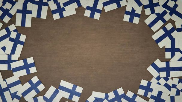 Telaio realizzato con bandiere di carta della Finlandia disposti su tavolo di legno. Concetto di celebrazione nazionale. Illustrazione 3D - Foto, immagini