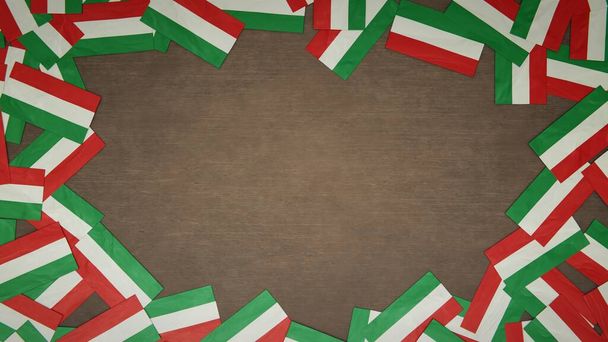 Cadre fait de drapeaux en papier de Hongrie disposés sur une table en bois. Concept de célébration nationale. Illustration 3D - Photo, image