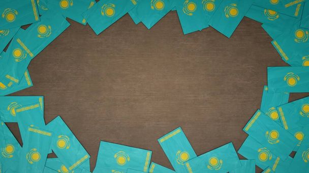 Frame made of paper flags of Kazakhstan arranged on wooden table. National celebration concept. 3D illustration - Photo, Image