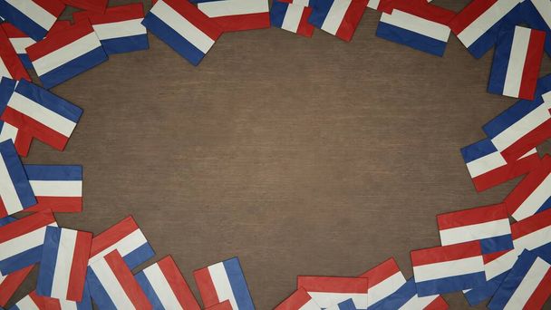 Frame made of paper flags of the Netherlands arranged on wooden table. National celebration concept. 3D illustration - Photo, Image