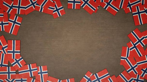 Frame gemaakt van papieren vlaggen van Noorwegen op houten tafel. Nationaal feestconcept. 3D illustratie - Foto, afbeelding