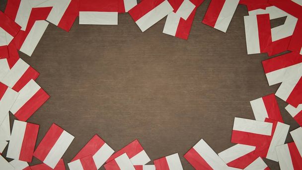 Cadre fait de drapeaux en papier de Pologne disposés sur une table en bois. Concept de célébration nationale. Illustration 3D - Photo, image