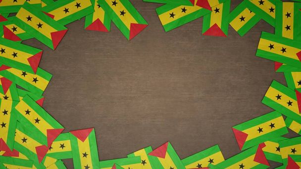Σκελετός από χάρτινες σημαίες του Σάο Τομέ και Πρίνσιπε τοποθετημένος σε ξύλινο τραπέζι. Εθνική ιδέα εορτασμού. 3D απεικόνιση - Φωτογραφία, εικόνα
