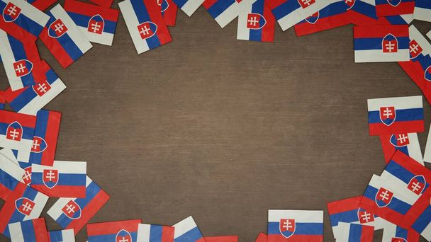 Telaio realizzato con bandiere di carta della Slovacchia disposti su tavolo di legno. Concetto di celebrazione nazionale. Illustrazione 3D - Foto, immagini