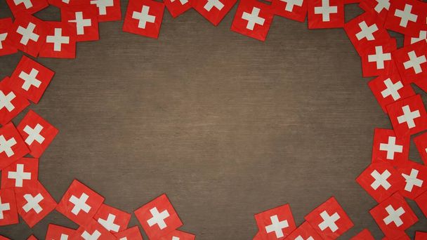Σκελετός από χάρτινες σημαίες της Ελβετίας τοποθετημένος σε ξύλινο τραπέζι. Εθνική ιδέα εορτασμού. 3D απεικόνιση - Φωτογραφία, εικόνα