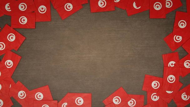 Cadre fait de drapeaux en papier de Tunisie disposés sur une table en bois. Concept de célébration nationale. Illustration 3D - Photo, image