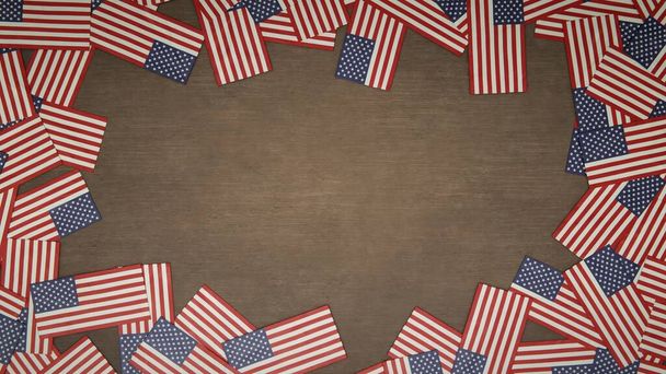 Frame made of paper flags of the United States of America arranged on wooden table. National celebration concept. 3D illustration - Photo, Image