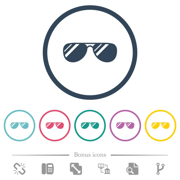Óculos de sol aviador com brilhantes ícones de cor plana em contornos redondos. 6 ícones de bônus incluídos. - Vetor, Imagem