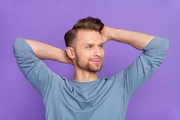 Profile photo of nice brown hairdo guy look promo wear trend cloth isolated on violet color background. - Foto, immagini