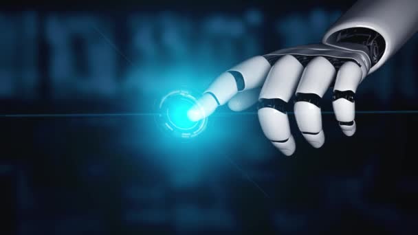 Intelligenza artificiale robotica futuristica che illumina lo sviluppo della tecnologia AI e il concetto di apprendimento automatico. Ricerca scientifica globale sulla catena di blocchi robotici per il futuro della vita umana. Grafica di rendering 3D - Filmati, video