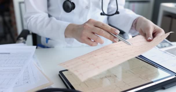 Doctor holds tablet with cardiogram of heart in clinic. Study of cardiovascular system and heart disease concept - Záběry, video