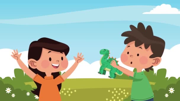 feliz niños pequeños pareja jugando con juguetes, 4k video animado - Imágenes, Vídeo