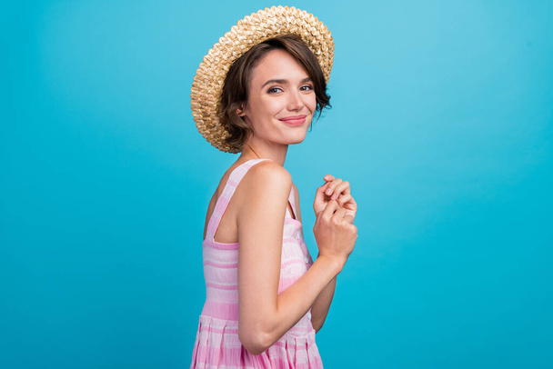 Profile photo of cute millennial tourist lady wear hat pink dress isolated on blue color background. - Fotografie, Obrázek