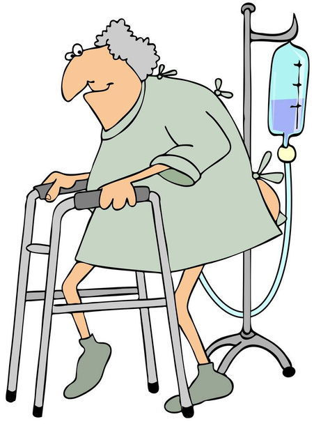 Ілюстрація усміхненої літньої жінки в лікарняній сукні з використанням ходунки та IV візка
. - Фото, зображення