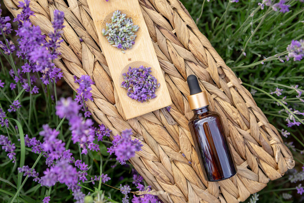 Borostyán esszenciális levendula olaj palack. Violet lavthe mező Provence-ban - Fotó, kép