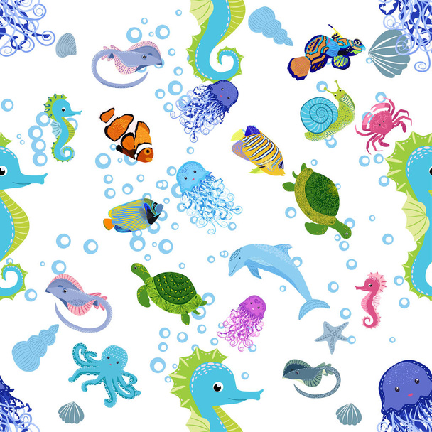 Marine life, fish, animals bright seamless pattern. sea travel, underwater diving animal tropical fish. Jellyfish, whale, shark, seahorse, clown fish, dolphin, turtle emperor fish octopus stingray - Вектор,изображение