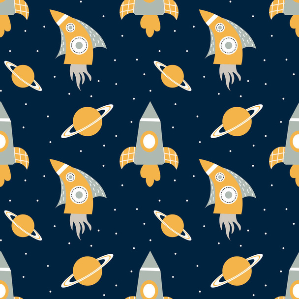 Children's seamless pattern, cute rockets and planets in doodle style, yellow and blue design. Print, background, textiles, wallpaper - Vector, Image