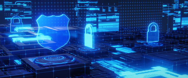 Концепция кибербезопасности и защиты данных. 3D рендеринг - Фото, изображение