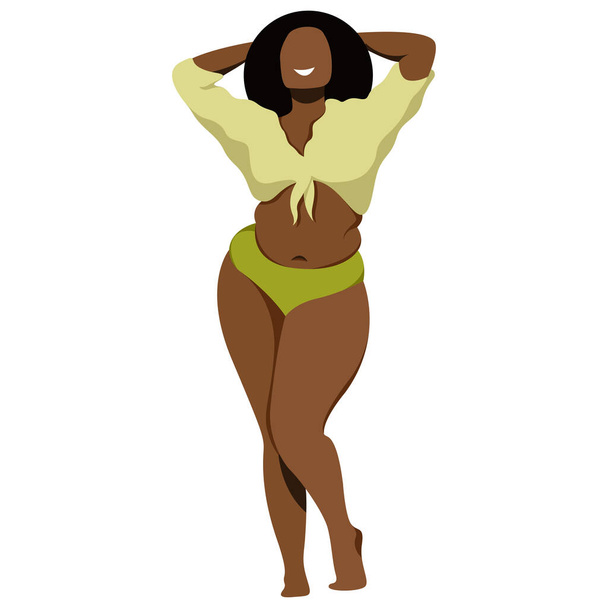 vector image on the theme of body positivity. a young juicy plump dark-skinned girl in lingerie is not shy about her fat folds. isolated on white background. love and accept your body. love yourself. - Wektor, obraz