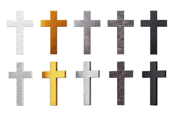 Beyaz arka planda izole edilmiş çeşitli materyallerde basit Hıristiyan haçları. 3B görüntüleme - Fotoğraf, Görsel