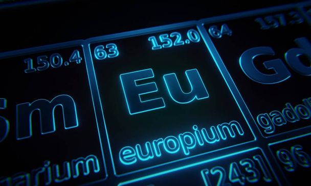 Periyodik elementler tablosunda aydınlatılmış kimyasal element Europium 'a odaklanın. 3B görüntüleme - Fotoğraf, Görsel