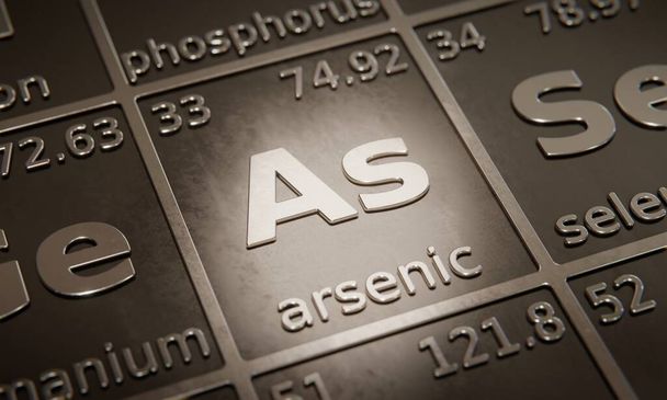 Destaque para o elemento químico Arsênico em tabela periódica de elementos. Renderização 3D - Foto, Imagem