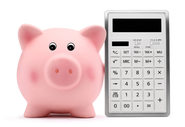 Piggy bank kalkulator koncepcja rachunkowości i oszczędności - Zdjęcie, obraz