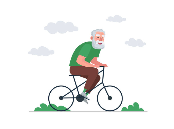 Yaşlı adam eğleniyor ve bisiklete biniyor. Yaşlı erkek bisiklete biniyor. Yaşlı sakallı insan sağlıklı yaşam tarzı. Emekli büyükbaba bisiklete biniyor. Neşeli yaşlı emekliler eğlencesi. Etkin büyükbaba vektörü - Vektör, Görsel