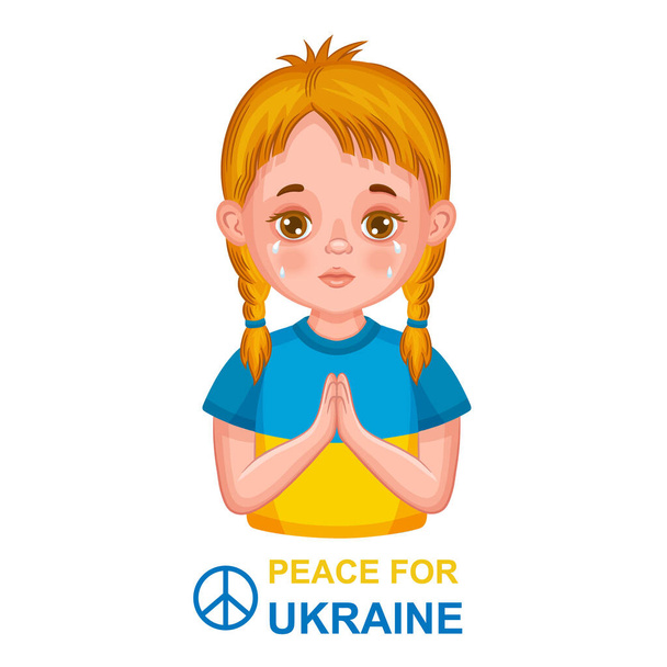 Oekraïense kind bidt voor vrede, stopt oorlog, Oekraïense steun. Help Europa land te redden. Meisje patriot huilen in kleding nationale vlag kleur. Beschermen van natie tegen Russische militaire terreur agressie. Wereldwijde internationale solidariteit, vreedzaam teken. Vector - Vector, afbeelding