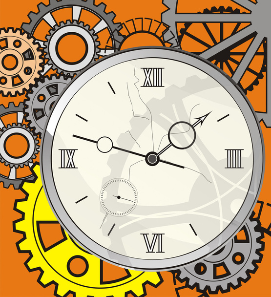 Antique clock with a crack on the face, against a background of gears - Vector, afbeelding