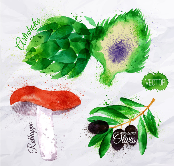 Vegetables watercolor rotkappe, artichokes, black olives - Vector, Image