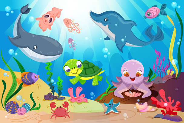 Vida submarina con lindos animales marinos, coloridos peces tropicales, ballenas, delfines y arrecifes de coral con plantas marinas. Paisaje submarino con tortuga divertida, pulpo, estrellas de mar, calamares y cangrejos, algas marinas - Vector, imagen