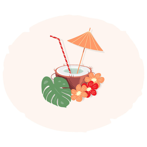 Exotic coconut cocktail in a nut shell with an umbrella and straw on a light background with flowers and monstera leaf in trendy colors. - Vektor, Bild