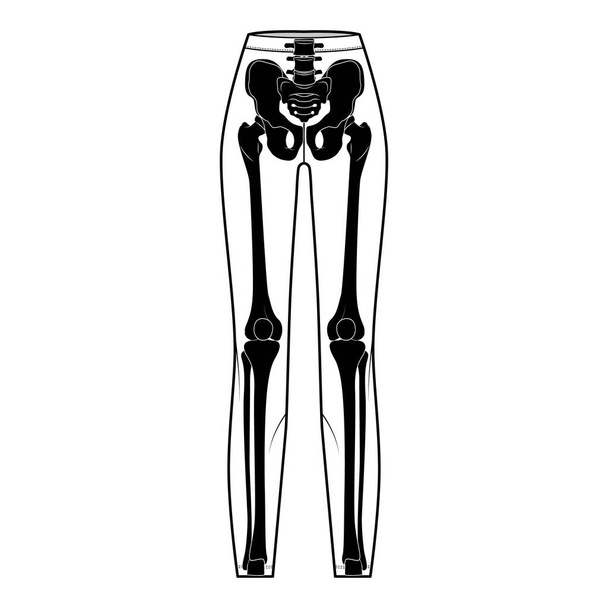 Σκελετός κοστούμι Ανθρώπινα οστά σε κολάν παντελόνι μπροστινή όψη άνδρες γυναίκες για Απόκριες, φεστιβάλ για την εκτύπωση σε ρούχα επίπεδη μαύρο μπεζ χρώμα έννοια Διάνυσμα εικόνα απομονωμένη - Διάνυσμα, εικόνα