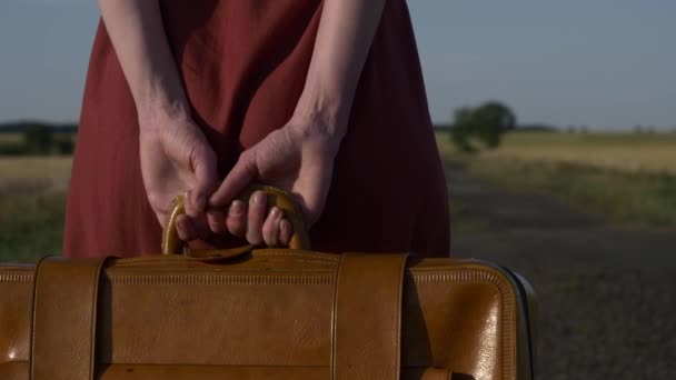 日没の田舎道にスーツケース付きの赤いドレスの女の子。ローサイドビュー - 映像、動画