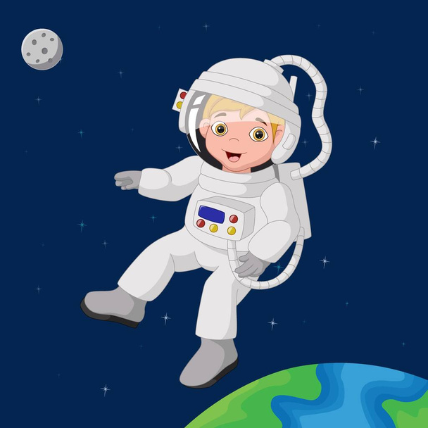 宇宙でのかわいい少年宇宙飛行士の漫画のベクトルイラスト - ベクター画像