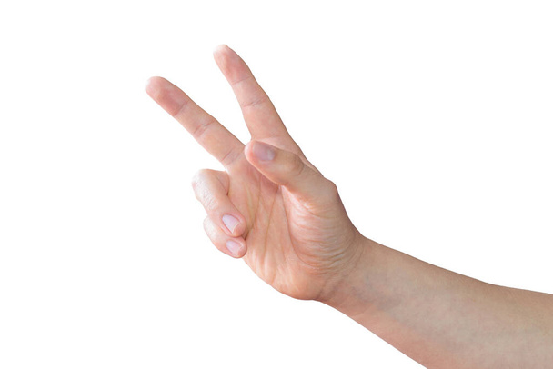 Une main blanche qui signe la paix sur un fond blanc - Photo, image