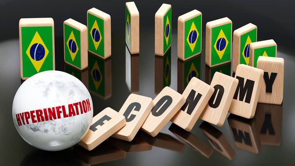 Βραζιλία και ο υπερπληθωρισμός, η οικονομία και το φαινόμενο του ντόμινο - αλυσιδωτή αντίδραση στη Βραζιλία που προκαλείται από τον υπερπληθωρισμό προκαλώντας μια συντριβή - μπλοκ της οικονομίας και τη σημαία της Βραζιλίας, 3d εικονογράφηση - Φωτογραφία, εικόνα