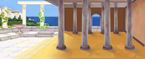 Антична тераса з видом на море в сонячний літній день. Тло цифрового живопису, ілюстрація
. - Фото, зображення