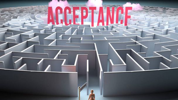 La aceptación y un camino desafiante que conduce a ella - confusión y frustración en su búsqueda, complicado viaje a la aceptación, ilustración 3d - Foto, Imagen