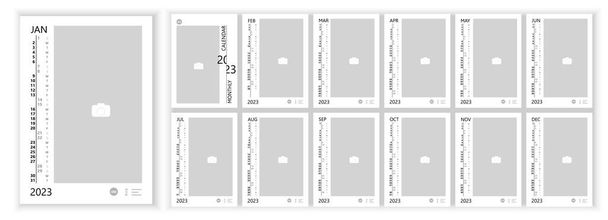 Wall Monthly Photo Calendar 2023. Простий місячний вертикальний фотокалендар Layout 2023 рік англійською мовою. Обкладинка, 12 місяців шаблонів. Тиждень починається з понеділка. Приклад вектора - Вектор, зображення