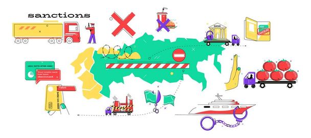Sanciones composición plana con alambre de púas frontera del país y los iconos de la detención de buques y suministros vector de embargo ilustración - Vector, imagen
