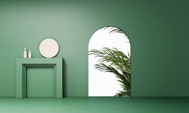 3d background green stand showcase in empty green wall and floor. - Foto, imagen